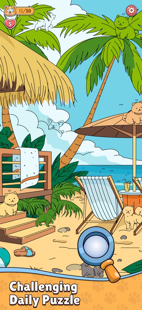 Find the Dog: Hidden Objects! - A hidden object game screen with cute dogs hidden in a sunny beach scene for the daily puzzle.
