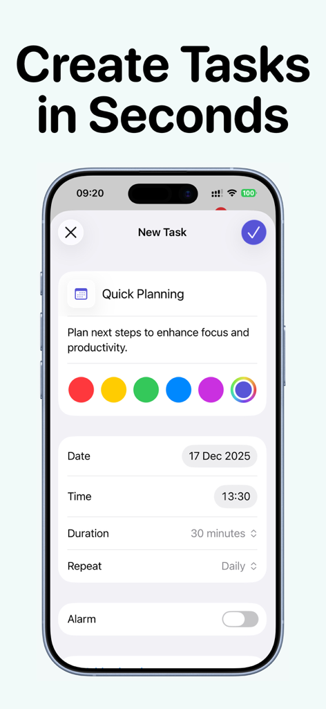 Interface of Tempus ADHD Planner app showing a new task creation screen with color coding and time settings