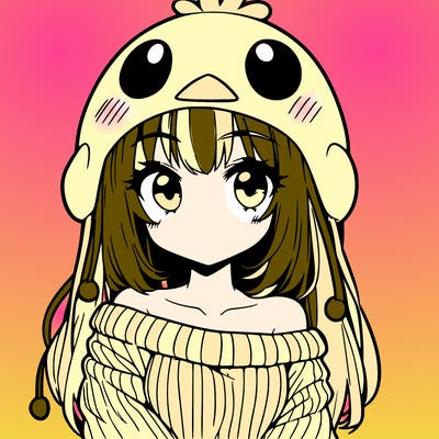 anime girl with chick shaped hat with sweater with bare shoulders with bangs covering them one eye with low tail
