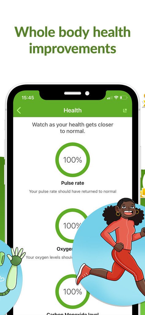 Health tracking screen in Smoke Free app showing 100 percent pulse and oxygen recovery progress with a running character