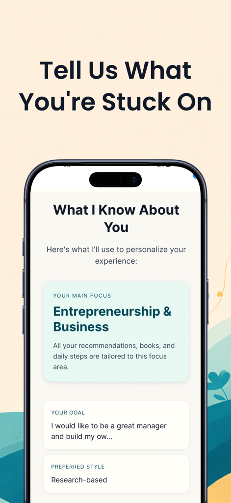 Mentorist: Learn, Act Achieve - Mentorist app personalization screen showing user goals for entrepreneurship and business