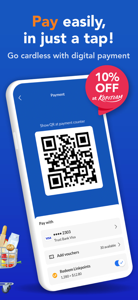 FairPrice Group - FairPrice Group app interface showing a QR code for cardless digital payment and Linkpoints redemption