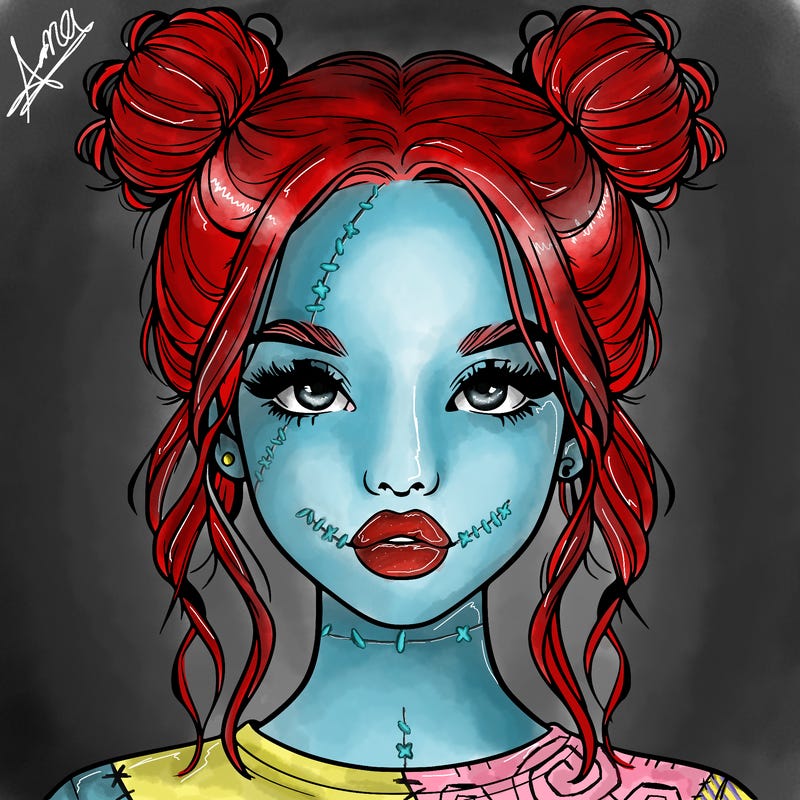 realistic girl with two buns in hair and lips