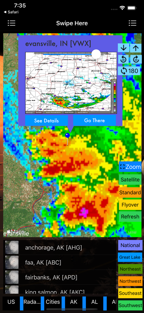 US NOAA Radars 3D Pro - A detailed weather radar map from the US NOAA Radars 3D Pro app showing storm cells over Evansville Indiana