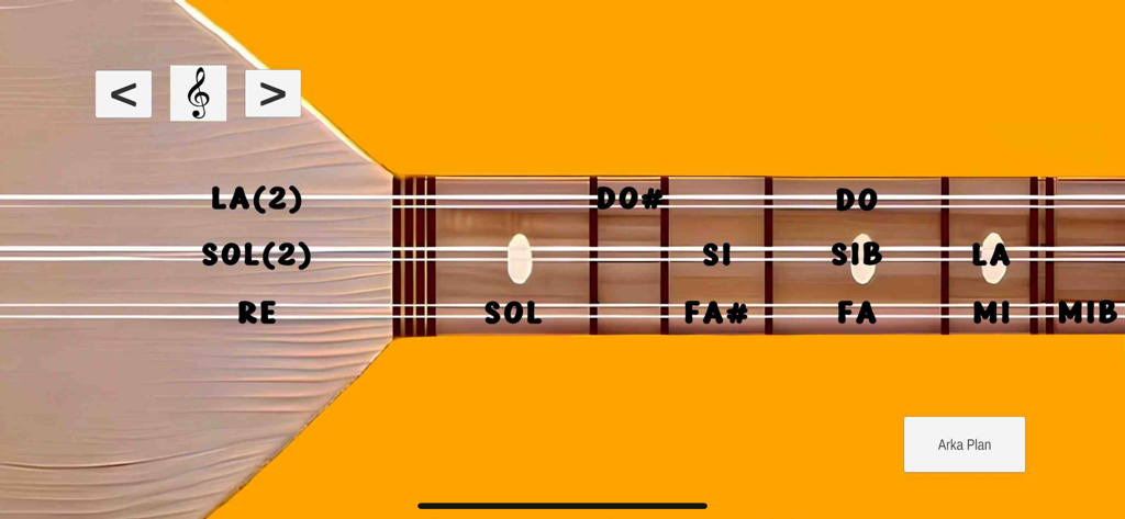 A digital interface of a Turkish Baglama Saz instrument showing musical notes on strings and frets.