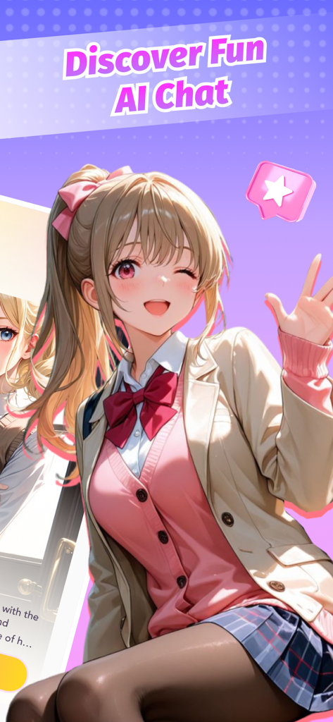 Sweets AI: Anime Chat Roleplay - A cheerful anime girl in a school uniform winking and waving on the Sweets AI chat interface