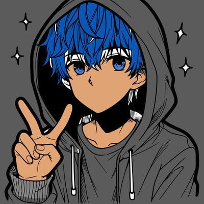 teenage manga boy in a hoodie, doing ✌