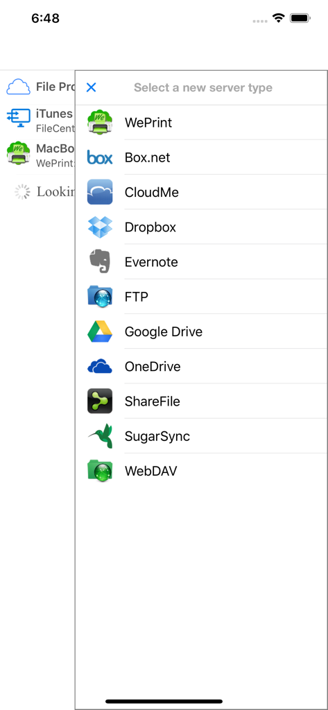 List of cloud storage and file server options in FileCentral for iPhone