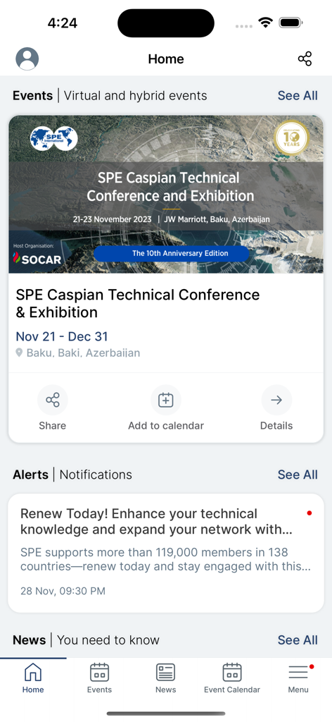 SPE International - Interfaccia home dell'app SPE International con eventi di conferenze tecniche e notifiche del settore.