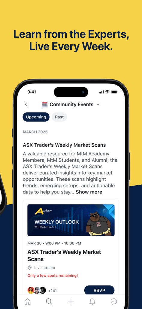 Mastering the Markets Academy - Mobile app screen showing community events for weekly market scans and live expert trading sessions