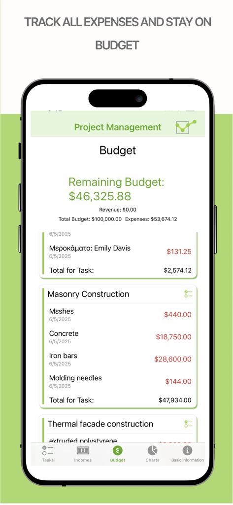 PlanoTrak - Construction App - Captura de pantalla de la aplicación PlanoTrak que muestra el seguimiento del presupuesto del proyecto con el saldo restante y los gastos de construcción detallados