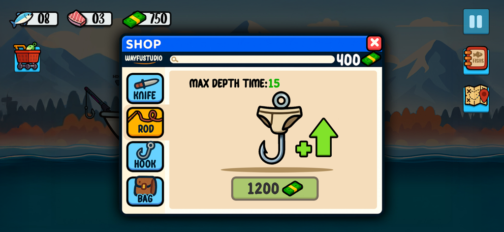 Catch and Feed - Menu de la boutique dans le jeu Catch and Feed montrant des options d'amélioration d'hameçons de pêche et des catégories d'équipement.