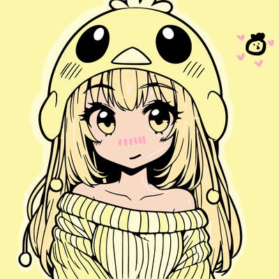 anime girl with chick shaped hat with sweater with bare shoulders with bangs covering them one eye with low tail