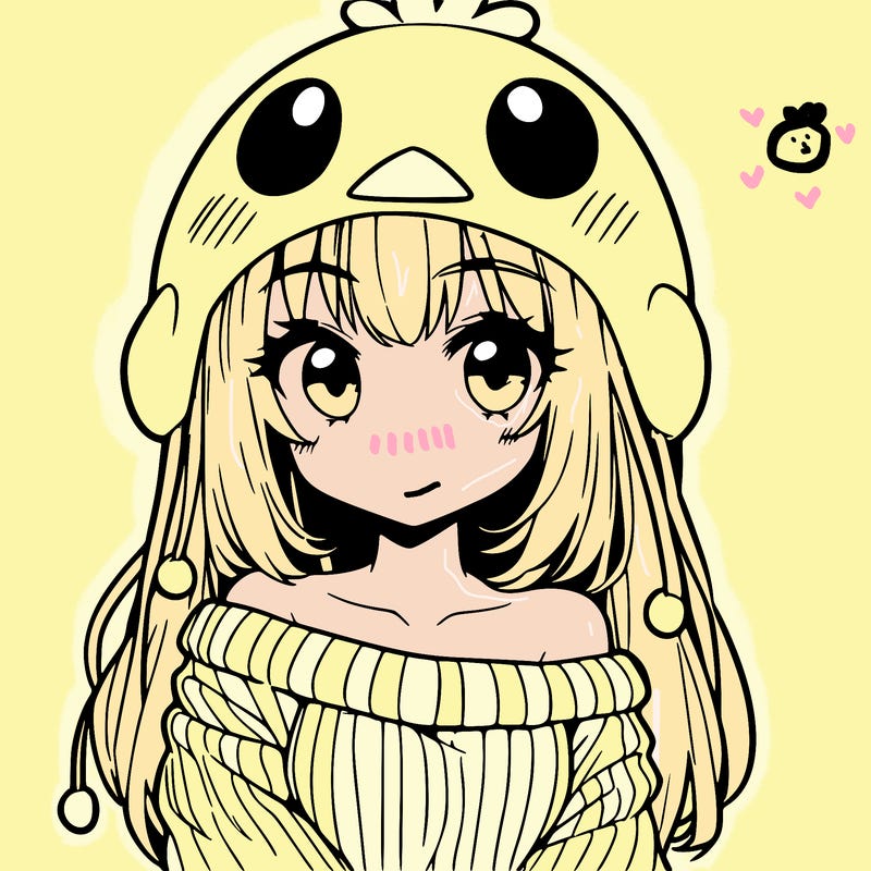 anime girl with chick shaped hat with sweater with bare shoulders with bangs covering them one eye with low tail