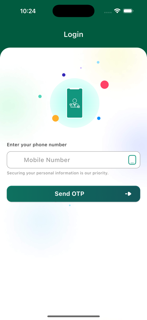 iCue Parent - Pantalla de inicio de sesión para la aplicación iCue Parent que muestra la entrada del número de móvil y el botón de enviar OTP