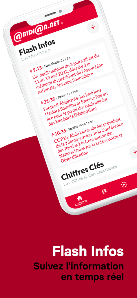 Abidjan.net - Interface de l'application mobile Abidjan.net montrant les mises à jour des actualités de dernière minute dans la section Flash Infos.