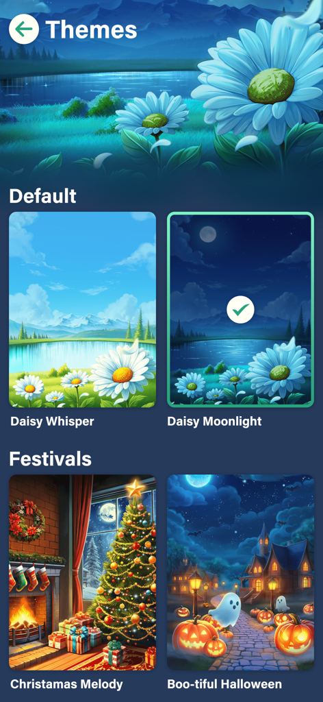 Color Oasis - Color by Number - Theme selection menu in Color Oasis showing different artistic styles like Daisy Moonlight and Christmas Melody.