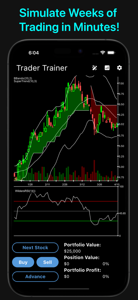 Trader Trainer - Interfaz de la aplicación móvil Trader Trainer que muestra un gráfico de acciones de velas con indicadores técnicos y controles del simulador.