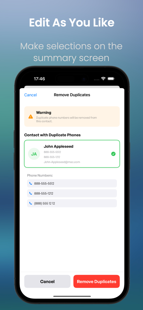Contacts Backup for VCF Excel - A mobile interface showing a tool to remove duplicate phone numbers from a contact list