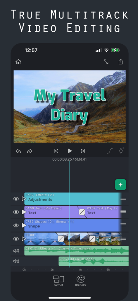 Superimpose V - Video Editor - Superimpose V app interface showing multi-track video editing with layers for text, shapes, and audio on an iPhone.