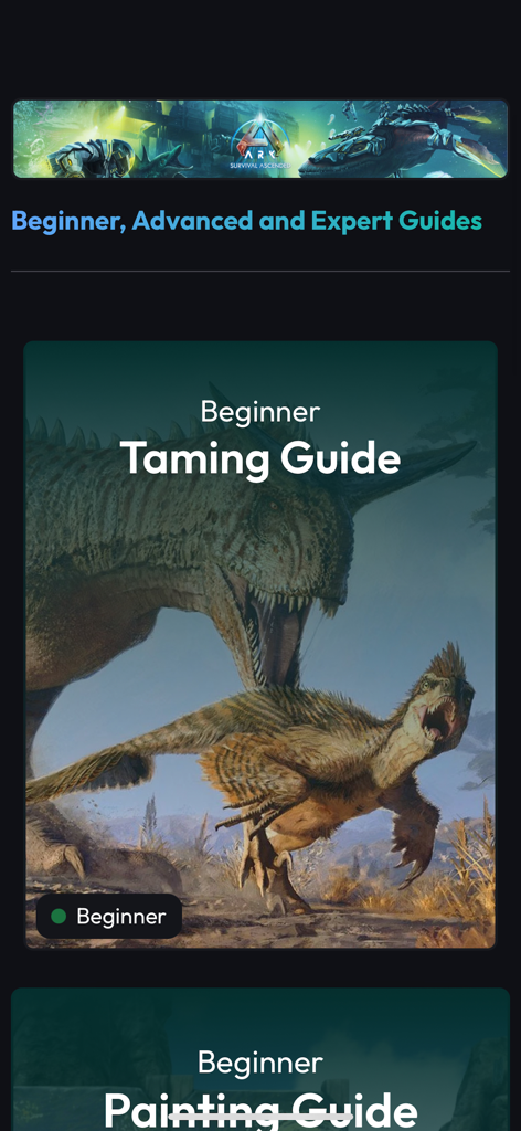Screenshot of ARK Unity app displaying beginner guides for taming and painting in ARK Survival Ascended