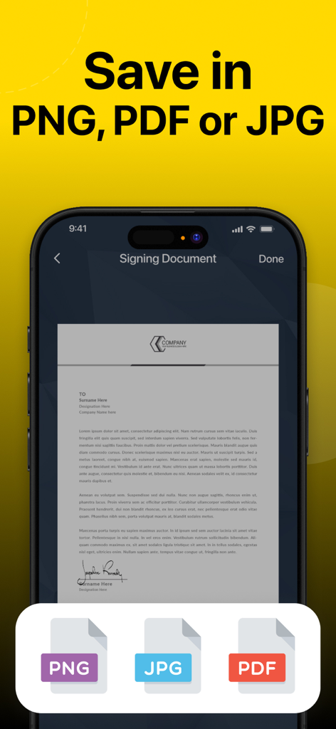 Oberfläche der eSignature-App, die Optionen zum Speichern von signierten Dokumenten als PNG-, PDF- oder JPG-Dateien anzeigt