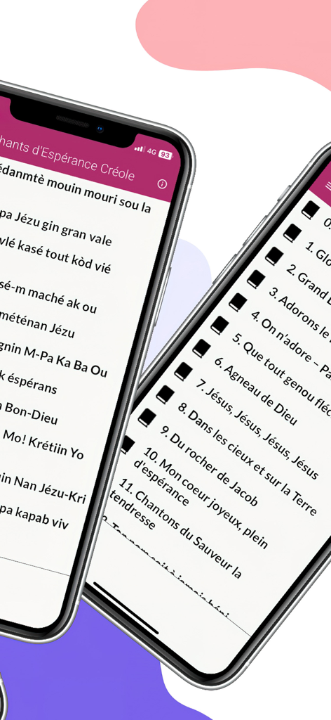 Chants d'Espérance - Two mobile phones showing the Chants d Esperance app with French and Haitian Creole hymn lyrics