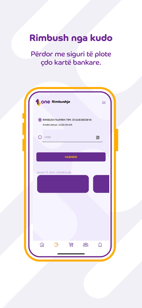 My One (AL) - Interfaz móvil de la aplicación My One para recargar números de teléfono albaneses con pagos seguros con tarjeta bancaria