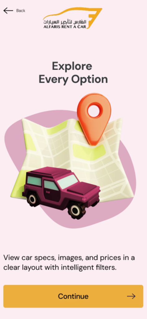 Alfaris Rent A Car - Alfaris Rent A Car app onboarding screen with a car and map illustration and the text Explore Every Option