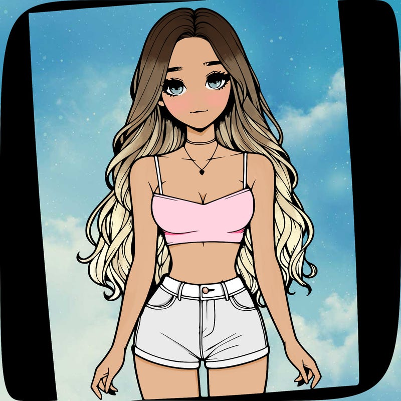 a realistic girl with long hair and in a crop top and shprts