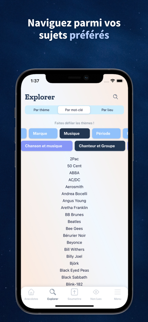 Se Coucher Moins Bête - A smartphone screen from the Se Coucher Moins Bete app showing search filters for trivia themes including music and artists