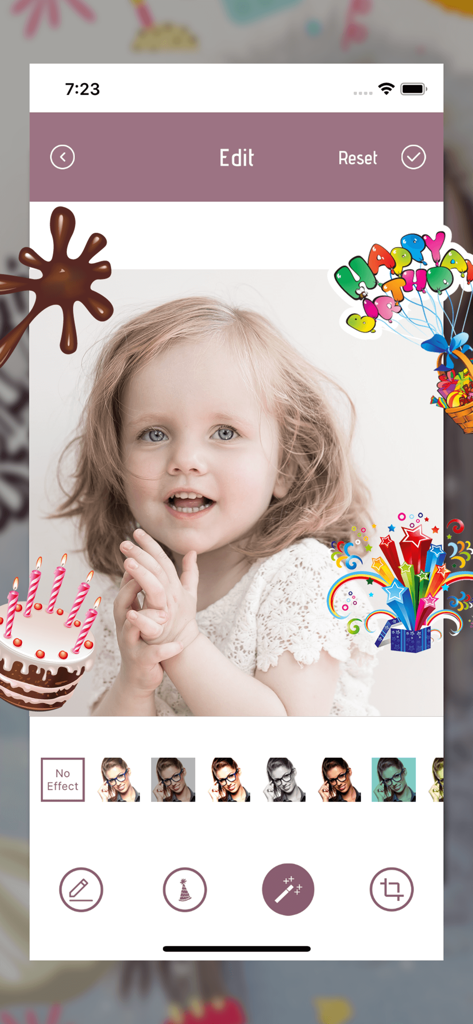 Video Maker Photos With Song - Pantalla de edición de fotos con stickers y filtros de cumpleaños en la foto de un niño