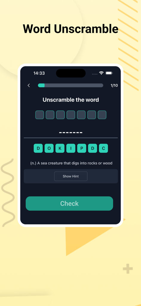 IPA Chart English & Phonetics - IPA Chart English app interface showing a word unscramble vocabulary game