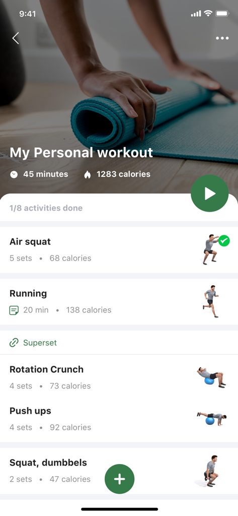 Pantalla de la App Island Fitness Centre mostrando una lista de entrenamiento personalizada con demostraciones de ejercicios en 3D