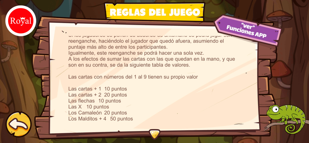 Game rules screen for Camaleon App showing point values for various cards and game mechanics