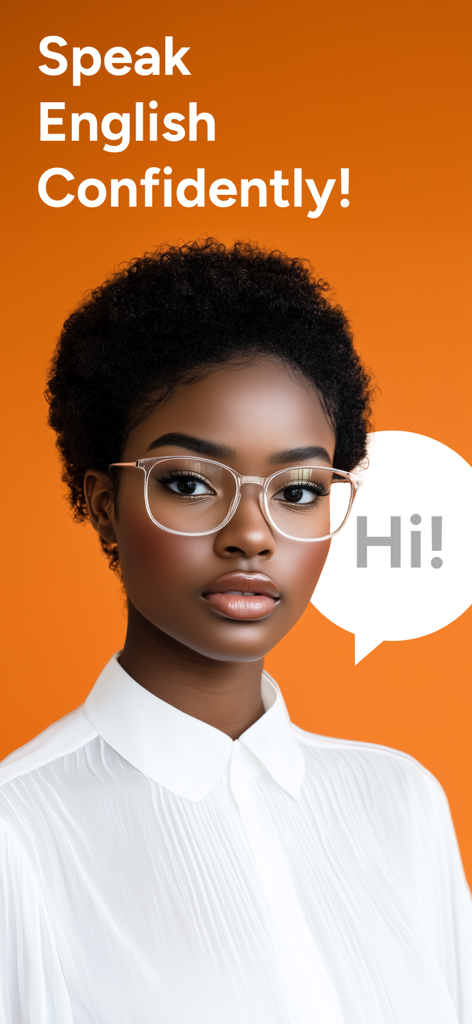 A professional woman with glasses on an orange background with text that says Speak English Confidently
