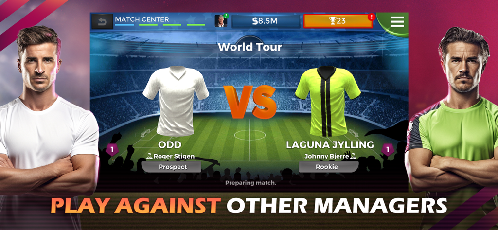 Dos managers de fútbol enfrentándose en un duelo multijugador en Pro 11