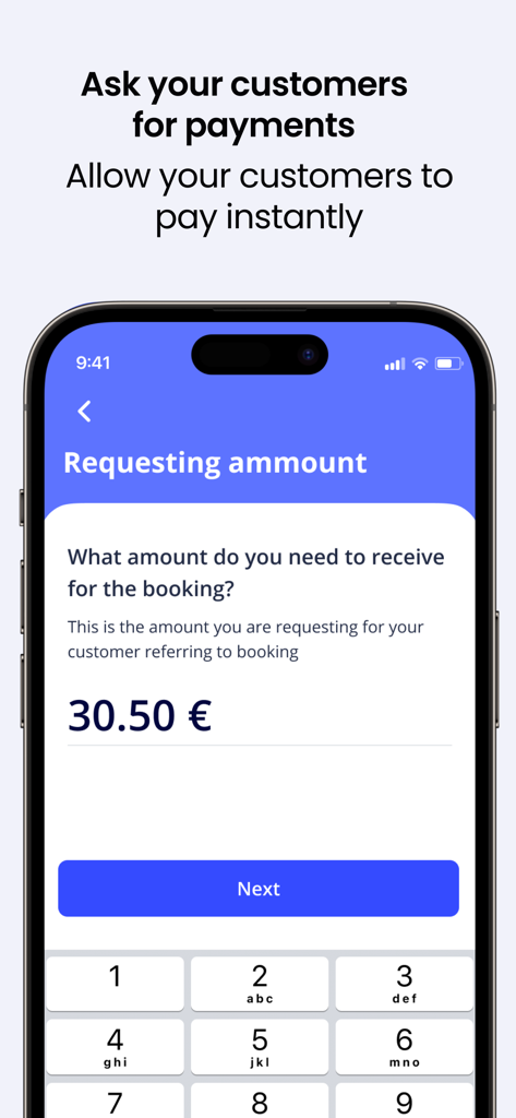 sheerME Pro - Tela móvel do aplicativo sheerME Pro mostrando um profissional solicitando um valor de pagamento para um agendamento.