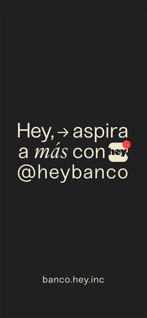 Interface da aplicação Hey Banco apresentando o slogan Aspira a mas e a conta oficial das redes sociais