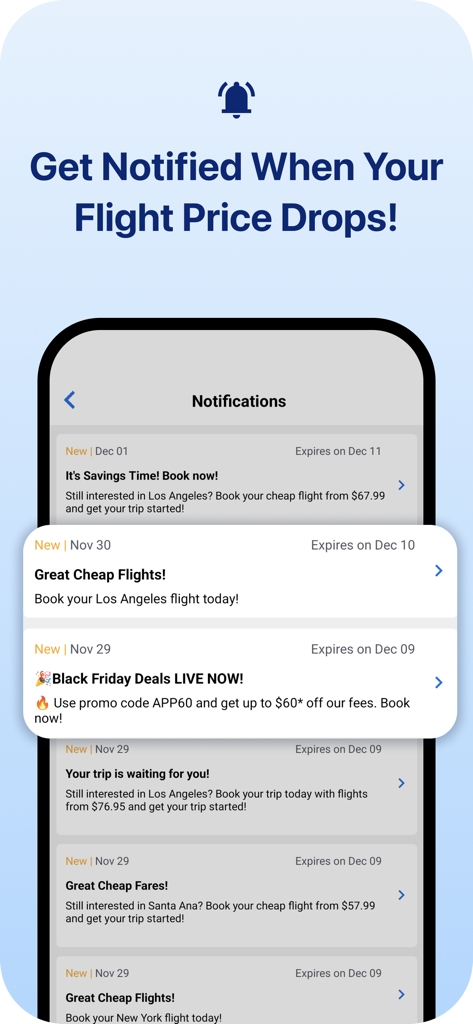 CheapOair mobile app showing flight price drop notifications and travel deals