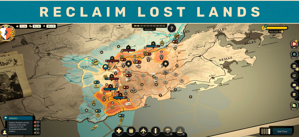 Suzerain - Mapa de estrategia de guerra táctica en Suzerain que muestra el despliegue de unidades militares y líneas del frente para la expansión territorial