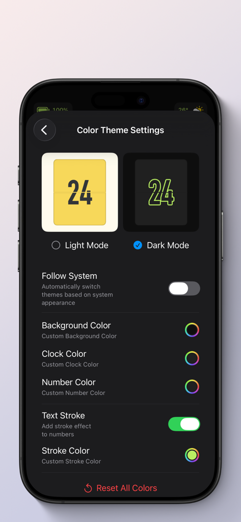 FlipKlok: FlipClock & Pomodoro - FlipKlok app color theme settings screen showing dark mode and custom color customization options