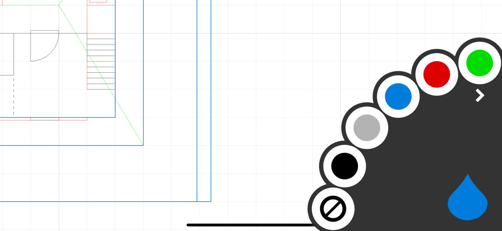 Draft Paper - グリッド背景にフロアプランレイアウトとカラー選択ホイールを表示するDraft Paperアプリのインターフェイス