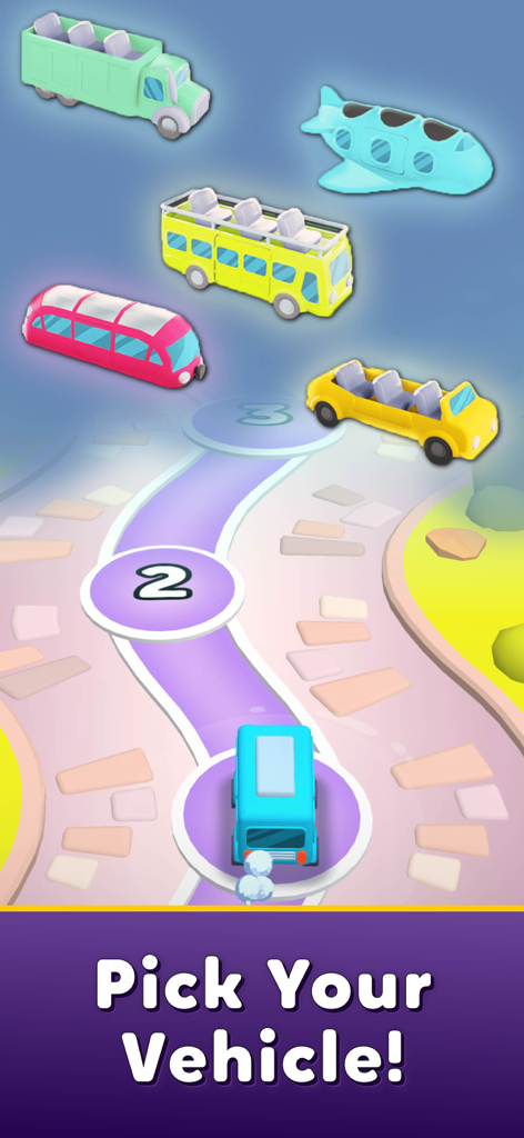 Colorful variety of buses and planes on a level progress path in the Bus Jam game.
