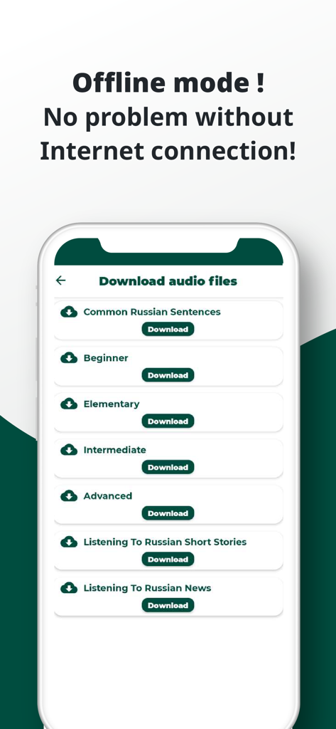 La pantalla del modo sin conexión de la aplicación Ruso Escuchar y Hablar que muestra categorías de archivos de audio descargables desde niveles principiante hasta avanzado