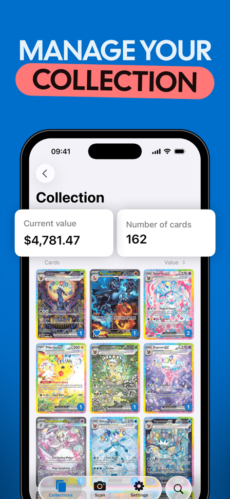 A mobile app interface for tracking a Pokemon card collection showing the total portfolio value and card count