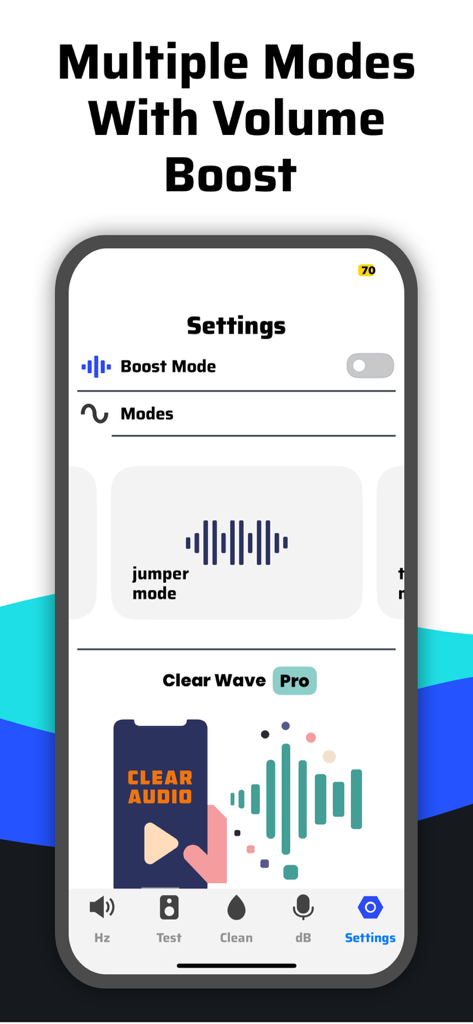 Clear Wave app settings screen showing multiple testing modes and volume boost toggle.