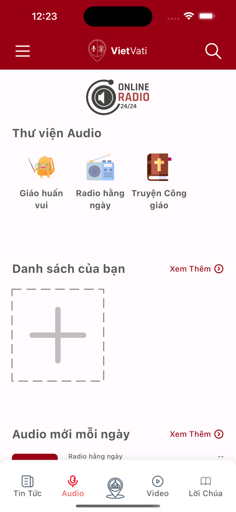 Interface of the audio library in a Vietnamese Catholic app showing radio and religious content