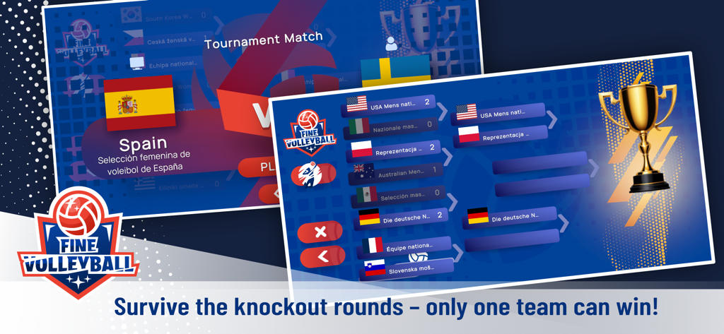 Fine Volleyball - Fine Volleyball game tournament mode screen showing knockout bracket and trophy