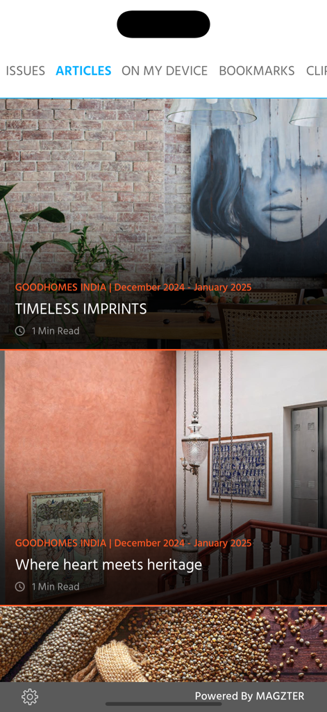 GoodHomes - Screenshot of the GoodHomes app articles section showing interior design and heritage decor features